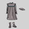 Children`s set of velvet dress, beret and boots. Basic wardrobe. Clothes, shoes, bags for every day. Dresses, jeans, coat, cardiga