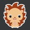 Children`s sticker of cute little sitting hedgehog. Flat vector stock illustration