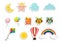Children`s stickers with balloons, gift box  owl, star, cloud, kite collection set  Vector Illustration