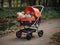 Children\\\'s stroller with abandoned toys.