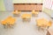 Children\\\'s tables and chairs. Modern kindergarten or preschool, spacious interiors, storage lockers