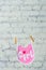 Children`s toddler pink saliva on a rope on a white brick wall background.