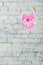 Children`s toddler pink saliva on a rope on a white brick wall background.