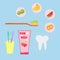 Children's toothpaste tubes and toothbrush set. Dental care for children. Toothpaste with different flavors: strawberry