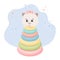 Children\\\'s toy pyramid with a cat\\\'s head. Cat pyramid on a background with stars. Pastel colors.