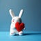 Children`s toy a white fluffy soft rabbit holds a red heart in its paws on a blue background. Generative AI, generative artificial