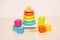 Children`s toys, colorful plastic bricks at the table