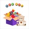 Children\\\'s toys set in an open paper box on a white background with lettering