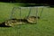 Children`s training football goals on the lawn of the football field are filled with leaves, which the storm blew here from the fo