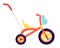 Children's tricycle with a backpack in front. Children's bike with a large front wheel and a handle for control