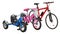 Children`s tricycle, bicycle and adult bike. 3D rendering