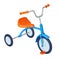 Children`s tricycle with blue frame, orange seat, pedals and steering wheel