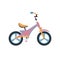 Children s two-wheeled bicycle pink with blue elements on wheels and with pedals.