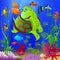 children`s underwater landscape with various aquatic plants and floating tropical fish and a turtle. Cartoon