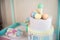 Children`s wooden and textile toys. Toy trolley with ice cream and cupcakes. Handmade textile ice cream close-up and copy space. B