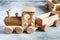 Children`s wooden toys. Children wooden  train with wagons. Natural wood construction set. Educational equipment