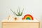 Children`s wooden toys rainbow and Houseplant on wooden shelf. Zero waste