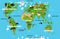 Children s world map with the names of continents and oceans. Animals on the mainland. Vector graphics