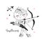 Children`s zodiac. Sagittarius sign. Boy with a bow. Vector. Black and white