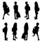Children with schoolbags black silhouettes set, schollboy kids isolated, pupils boys and girs in different poses with bags, back