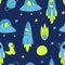 Children seamless pattern with space dinosaur