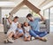 Children security, family safety and parents with smile for kids, relax on living room floor of house and care in lounge