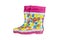 Children shoes and boots. Closeup of a pair pink rubber boots is