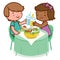 Children sit at the table and eat healthy food. Vector illustration