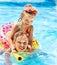 Children sitting on inflatable ring.