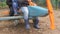 Children sitting on the toy layout blue plane