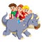 The children are sitting on the triceratops and waving their hand when it move