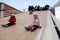 Children skate with a specially wrapped up hill