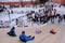 Children skate with a specially wrapped up hill