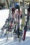 Children skis grouped on a rack