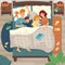 Children sleep in parents bed. Co-sleeping with child. Dad, mom and kids sleep together, asleep young boy and girl