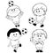 Children soccer players. Little boys play football. Kids and sports. Vector black and white coloring page.