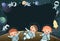 Children in space. Cute cartoon style. Frame with a dark background. Astronauts in spacesuits among the planets and