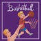 Children sport with parents - basketball illustration with calligraphy