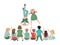 Children stand in front of a group of small students. Fun performance. Vector illustration