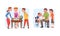 Children studying with parents at home together set. Mother and father helping children with homework. Homeschooling