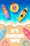 Children swim on surfboards and rubber rings. Summer beach seashore. Vector illustration in cartoon 3D style