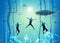 Children swim underwater Sea diving scuba Safari