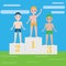 Children swimming sport team on pedestal. Boys, kids sport