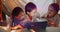 Children, tablet and mother with her girls in a bedroom tent together, reading a story online or browsing social media