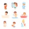 Children Taking Bath and Washing Themselves Vector Illustrations Set. Little Girl Washing Up Her Face and Boy Brushing