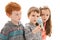 Children with tame pet budgerigar