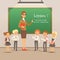 Children with teacher on the lesson in classroom. Vector school background
