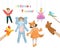 Children theater with dolls, puppets and children in dresses. Vector set illustration