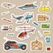 Children toys constructor. Vintage aircraft, boat, ship and car, RC transport, remote control models. Stickers for