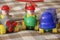 Children toys. Multi colored plastic constructor with blocks for building houses and cars, plain, bus with figures of people